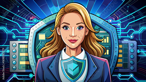 Close-up portrait of female cybersecurity expert holding a secure server chip. White background highlights vigilance, innovation, and digital defense.