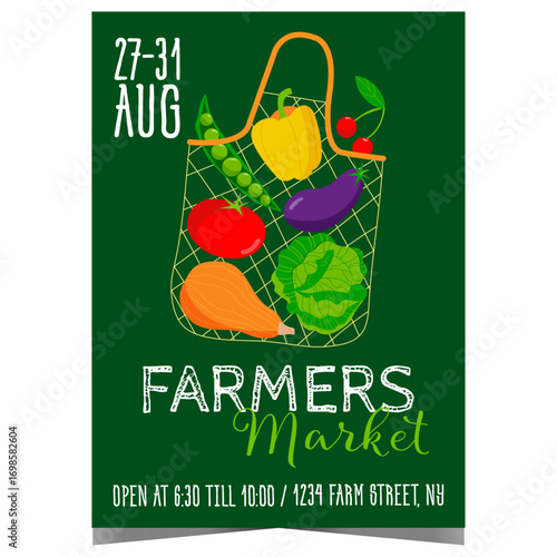 Farmers market vector illustration banner with a bag full of seasonal fresh vegetables, organically grown by local ranchers. Invitation poster for vendors and shoppers to the rural marketplace.