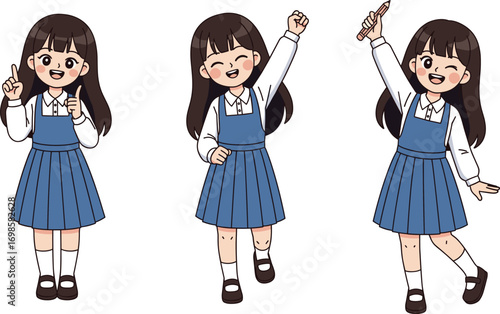 Set of three cheerful cartoon schoolgirl characters in blue uniform, different poses, smiling, holding pencil, celebrating, cute student vector illustration
