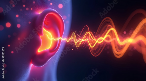 Close-up of a Human Ear Receiving Vibrant Orange Sound Waves and Light Particles hearing audio