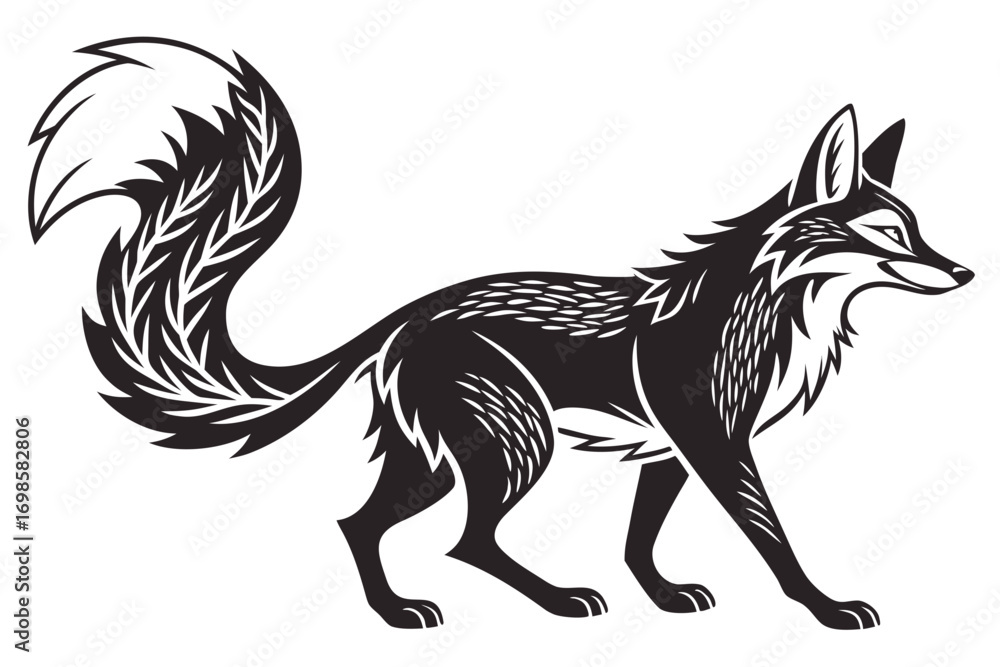 Fototapeta premium Stylized black fox illustration with ornate tail