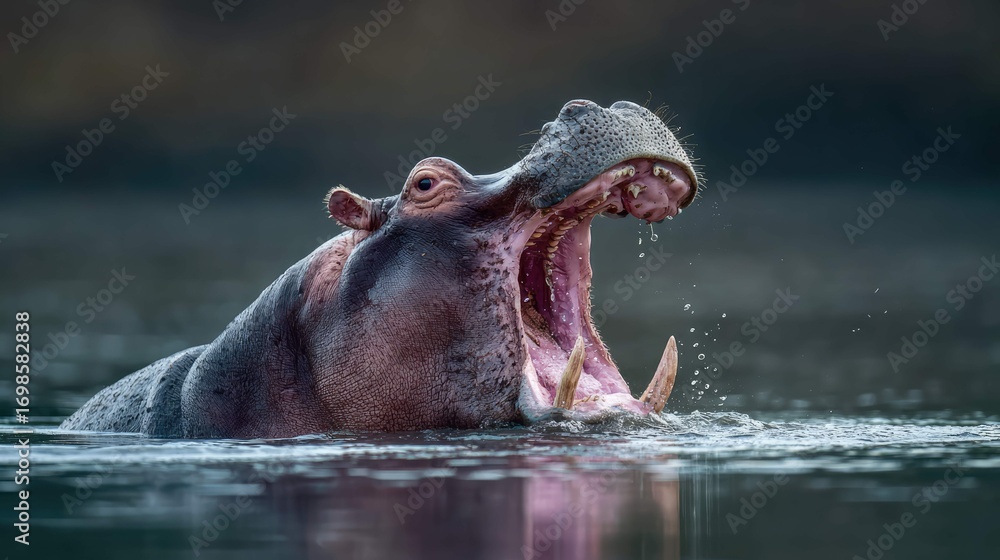 Fototapeta premium a hippopotamus in water, with its mouth wide open as if it's either yawning or making a vocalization