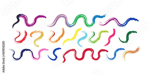 Collection colorful bold curved lines with loops isolated on white. Hand drawn bold grunge wavy and swirled brush strokes. Simple childish vector scribbles and squiggles Creative trendy style design i