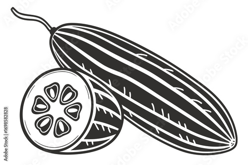 Stylized black and white illustration of a cucumber and its cross section