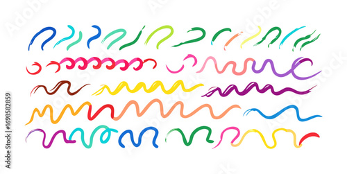 Collection colorful bold curved lines with loops isolated on white. Hand drawn bold grunge wavy and swirled brush strokes. Simple childish vector scribbles and squiggles Creative trendy style design i