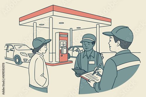 Gas station attendants discussing work at a service station