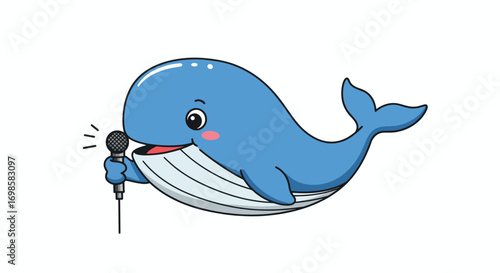 A cartoon blue whale holding a microphone and singing