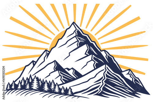 Sunrise over rugged mountain peaks with pine forest