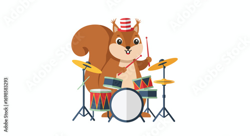 A cartoon squirrel plays a drum set while wearing a hat