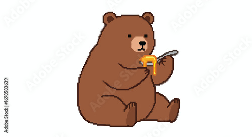 A pixelated brown bear sits and eats honey from a spoon