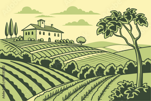 Idyllic tuscan villa and vineyard landscape