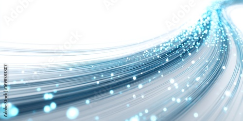 A dynamic, abstract image depicts a swirling stream of bright blue and white light streaks against a stark white background. The streaks appear to be composed of tiny, shimmering particles, 