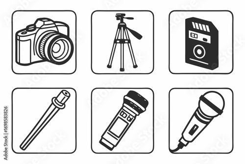 Collection of photography and audio recording equipment icons