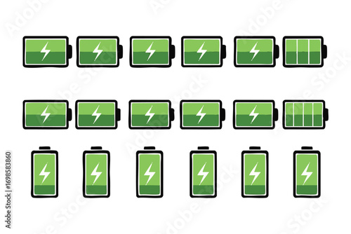 Battery Charge Level Icons Showing Full Empty and Intermediate Power Status vector illustration
