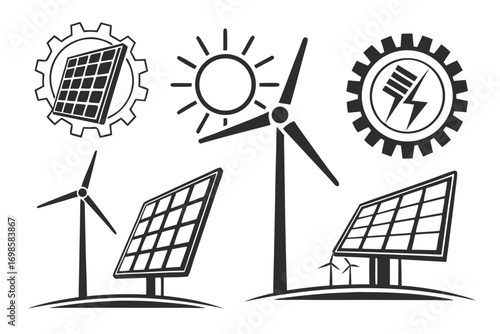 Renewable energy icons featuring solar panels and wind turbines