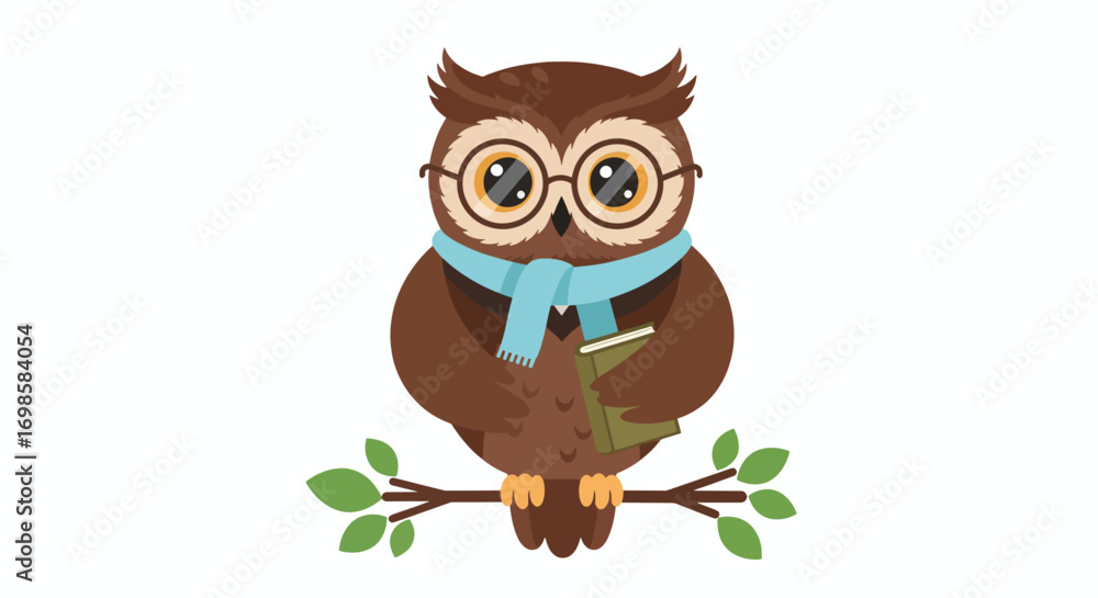 Fototapeta premium Cartoon owl with glasses and scarf holding a book on a branch