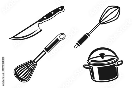 Collection of kitchen utensils and cooking pot illustration