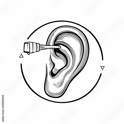 Detailed black and white line art illustration of an ear cleaning procedure, a vintage-style concept for audiology and otology