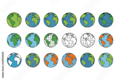 Collection of Earth Globe Illustrations Showing Continents and Grid Lines Keywords: earth, globe, planet, world, map, continents, geography, illustration, drawing, sketch