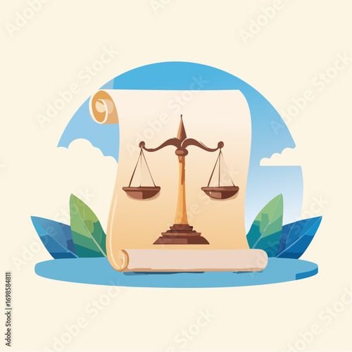 Balance of law displayed on vintage scroll with subtle nature element background design