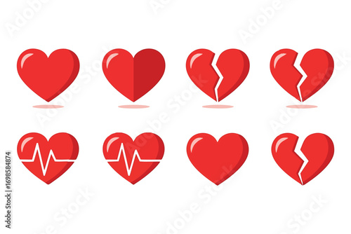 Collection of Red Hearts and Broken Hearts with Heartbeat Line Icons on White Background Keywords: heart, red, love, broken, broken heart, heartbreak, symbol, icon, cardiology