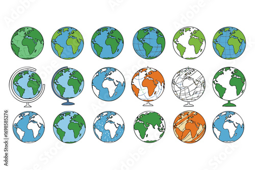 Diverse collection of globe and earth icons with various styles and continents world planet