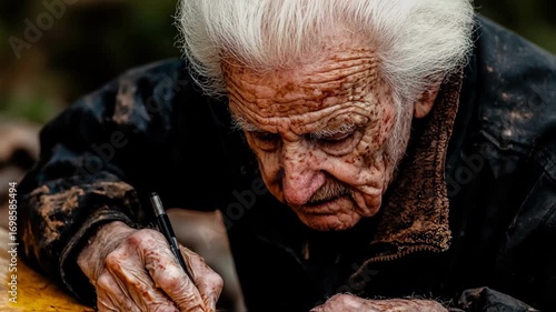 Close-up of Elderly Woman with Wrinkled Skin and White Hair in Dark Clothing.
