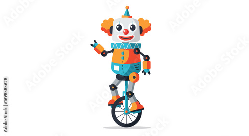 A cartoon robot dressed as a clown riding a unicycle