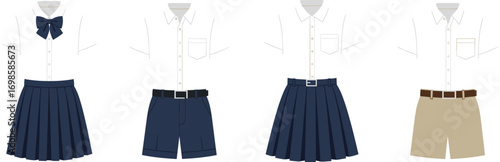 Set of four school uniform outfits with white shirts, skirts, shorts, belts, bow tie, formal student clothing, educational fashion vector illustration