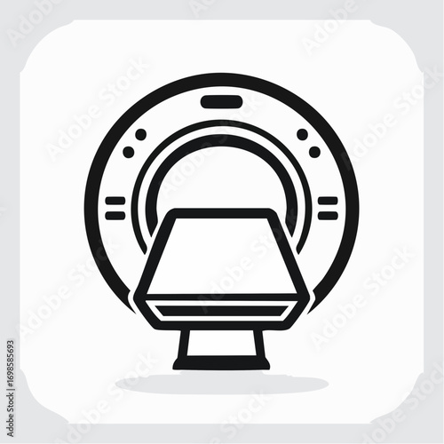 Black and white line art icon of a CT scanner, illustrating the concept of modern medical imaging, diagnostics, and healthcare technology