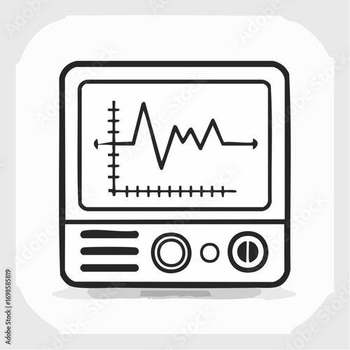 Black and white line art icon of a medical heart monitor displaying an electrocardiogram pulse wave, representing health diagnostics and vital signs
