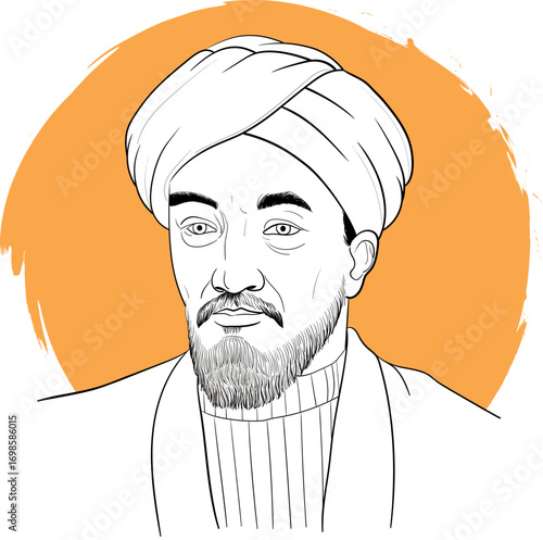 Central Asian scientist Al-Farabi. Portrait in line art illustration