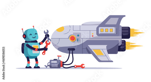 A cartoon robot repairs a spaceship with tools