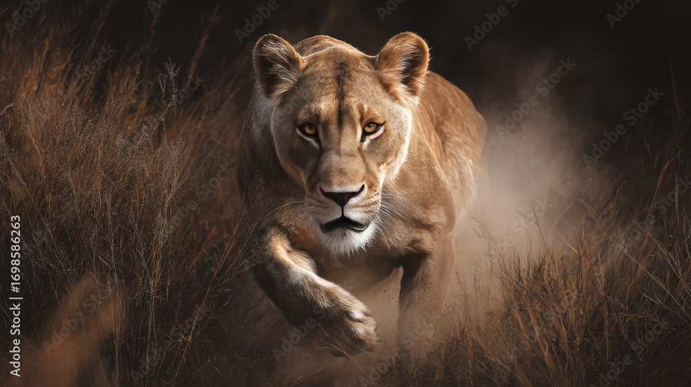 Naklejka premium a majestic lion in mid stride through tall grass, captured with a focus on motion blur that highlights its movement through the landscape