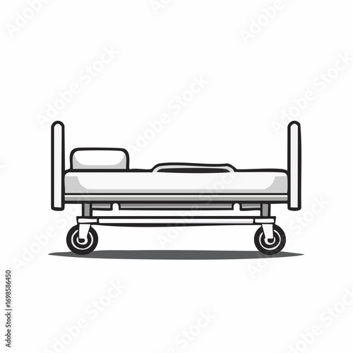 Monochrome vector illustration of an empty hospital bed or gurney. Concept for healthcare, medical services, patient care, and recovery