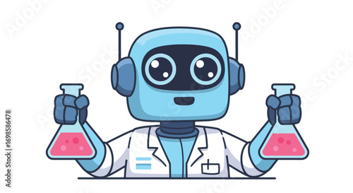 Cartoon robot scientist holding beakers with pink liquid