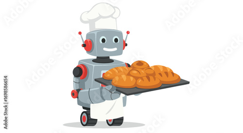 Robot chef holding a tray of freshly baked bread