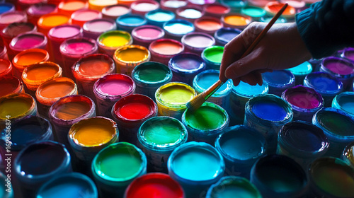 Artist s hand selecting vibrant paint colors from numerous pots