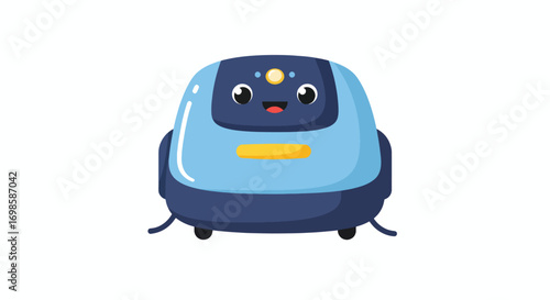 A cartoon robot vacuum with a face and wheels