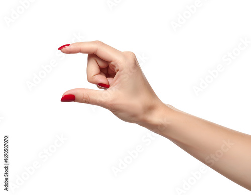 A hand using two fingers to hold and measure an invisible, small object. The gesture is isolated on a white background, with a focus on the elegant red polish of the nails.