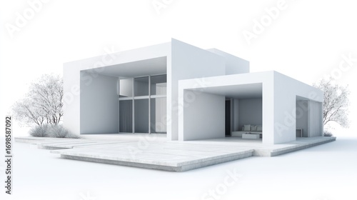 A minimalist, white-rendered architectural model depicts a modern, single-story house. The house features a clean, geometric design with large glass windows and a cantilevered roof. A small, 