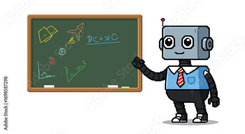 Pixel art robot teaching on a blackboard with math and science symbols