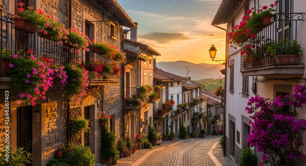 Fototapeta premium A picturesque cobblestone street lined with traditional stone buildings adorned with vibrant flowers under a warm sunset sky.
