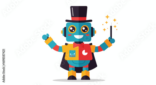 A blue robot with a top hat and cape holds a magic wand
