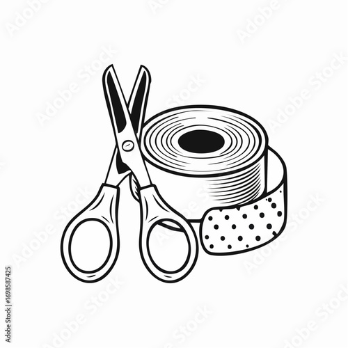 Simple black and white line art illustration of medical scissors and a roll of adhesive bandage tape for first aid concepts