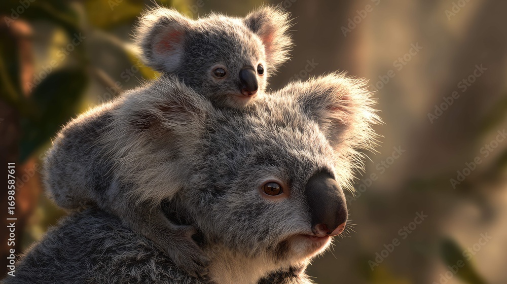 Fototapeta premium two koalas in a forest setting. the one on top is slightly larger than the other, both are gray with lighter fur on their bellies