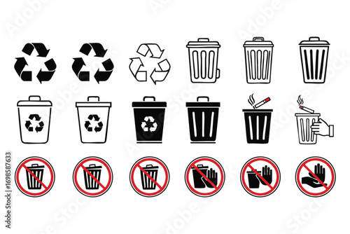 Recycling Bins Trash Cans and No Smoking No Entry Signs Collection garbage