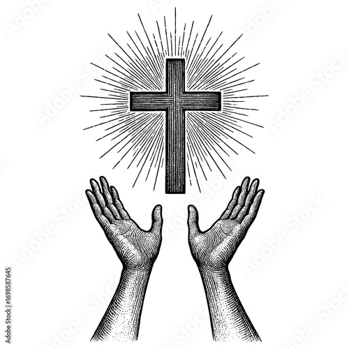 Hands reaching toward the cross in worship of Lord Jesus Christ
