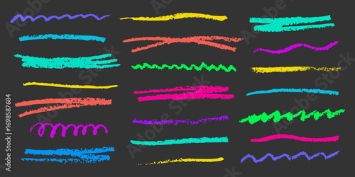 Playful pencil scribble lines pack. Neon crayon underline doodles. Textured underline set. Highlight stroke set. Colorful hand drawn lines