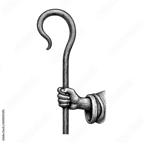 Shepherd's staff in hand.